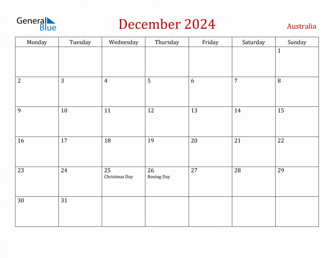 December  Australia Monthly Calendar with Holidays