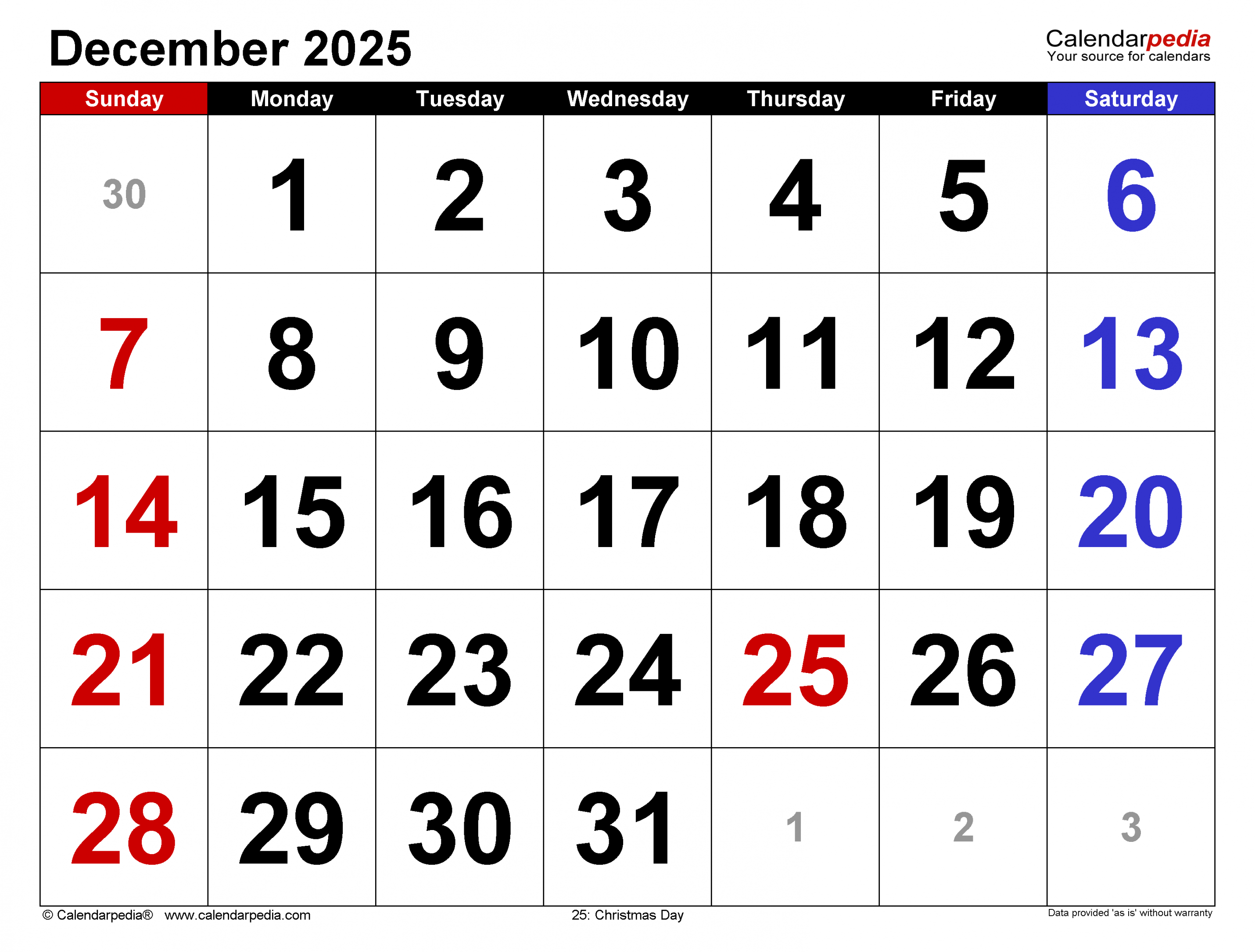 December  Calendar  Templates for Word, Excel and PDF