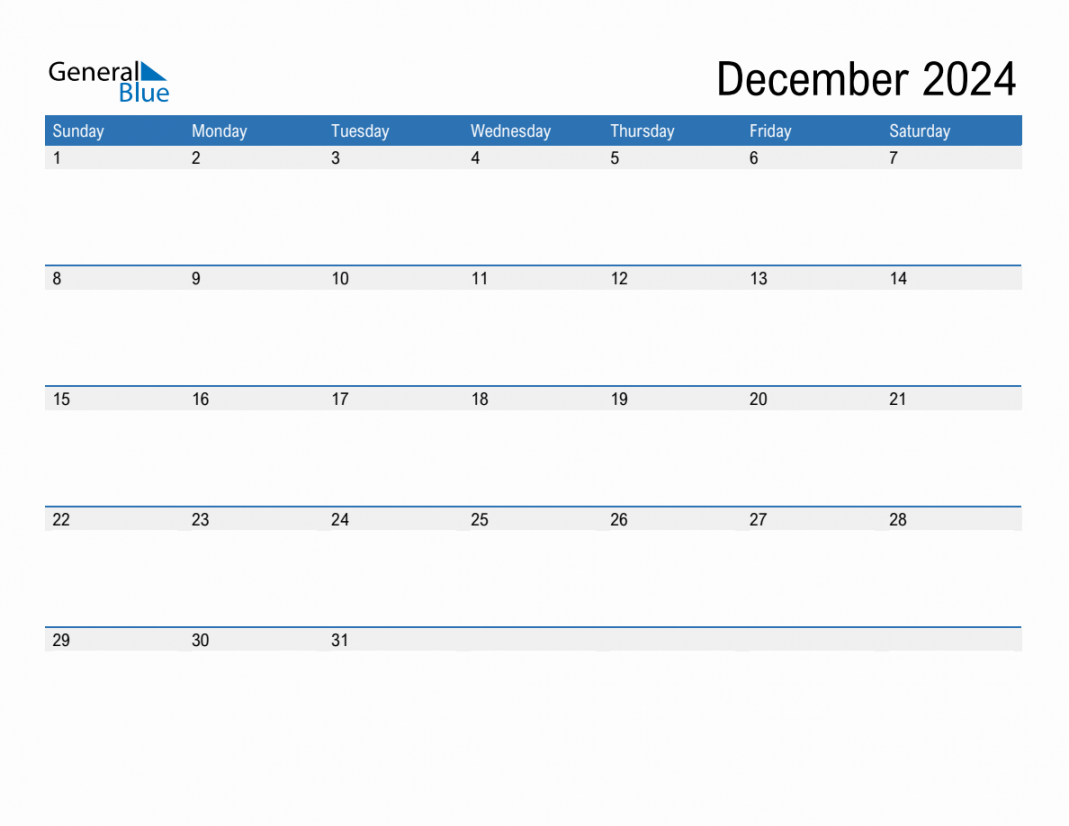 December  Monthly Calendar (PDF, Word, Excel)