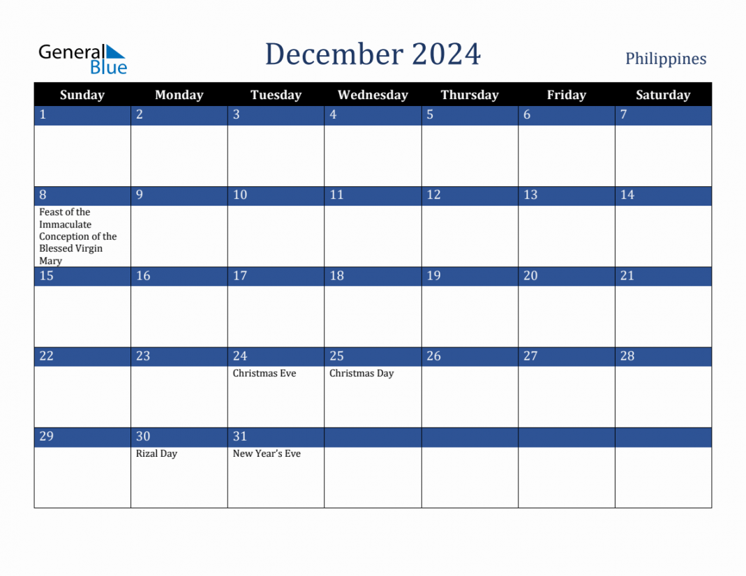 December  Philippines Holiday Calendar