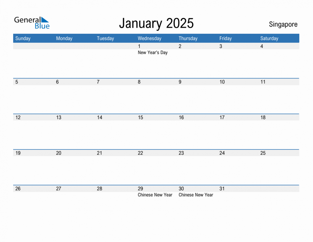 Editable January  Calendar with Singapore Holidays