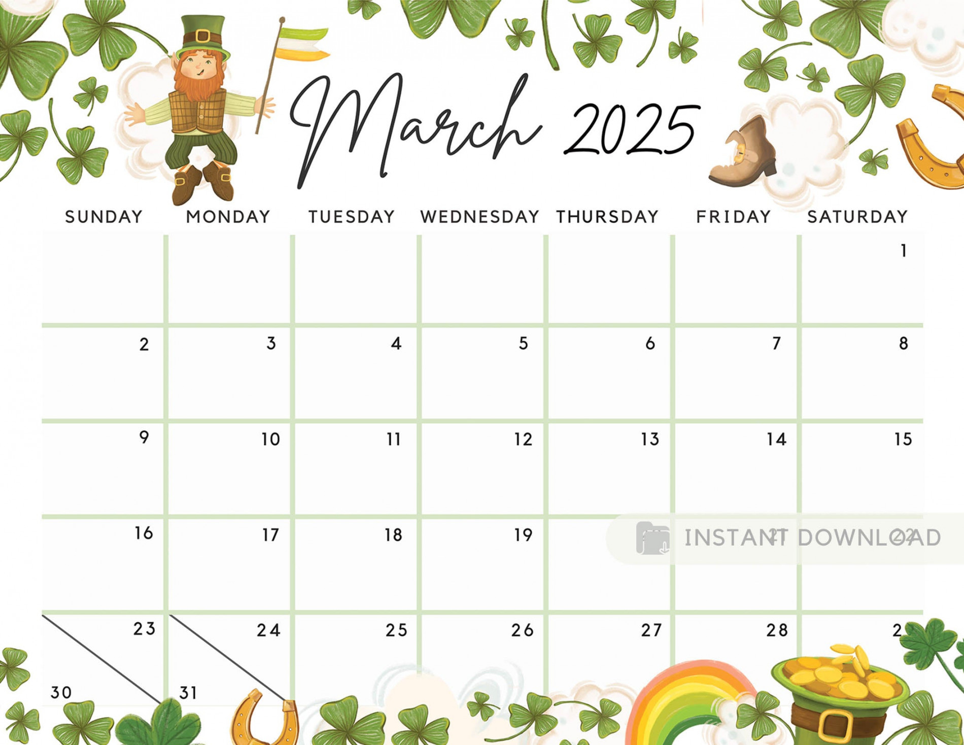 Editable March  Calendar for the Lucky Month Clovers Cute