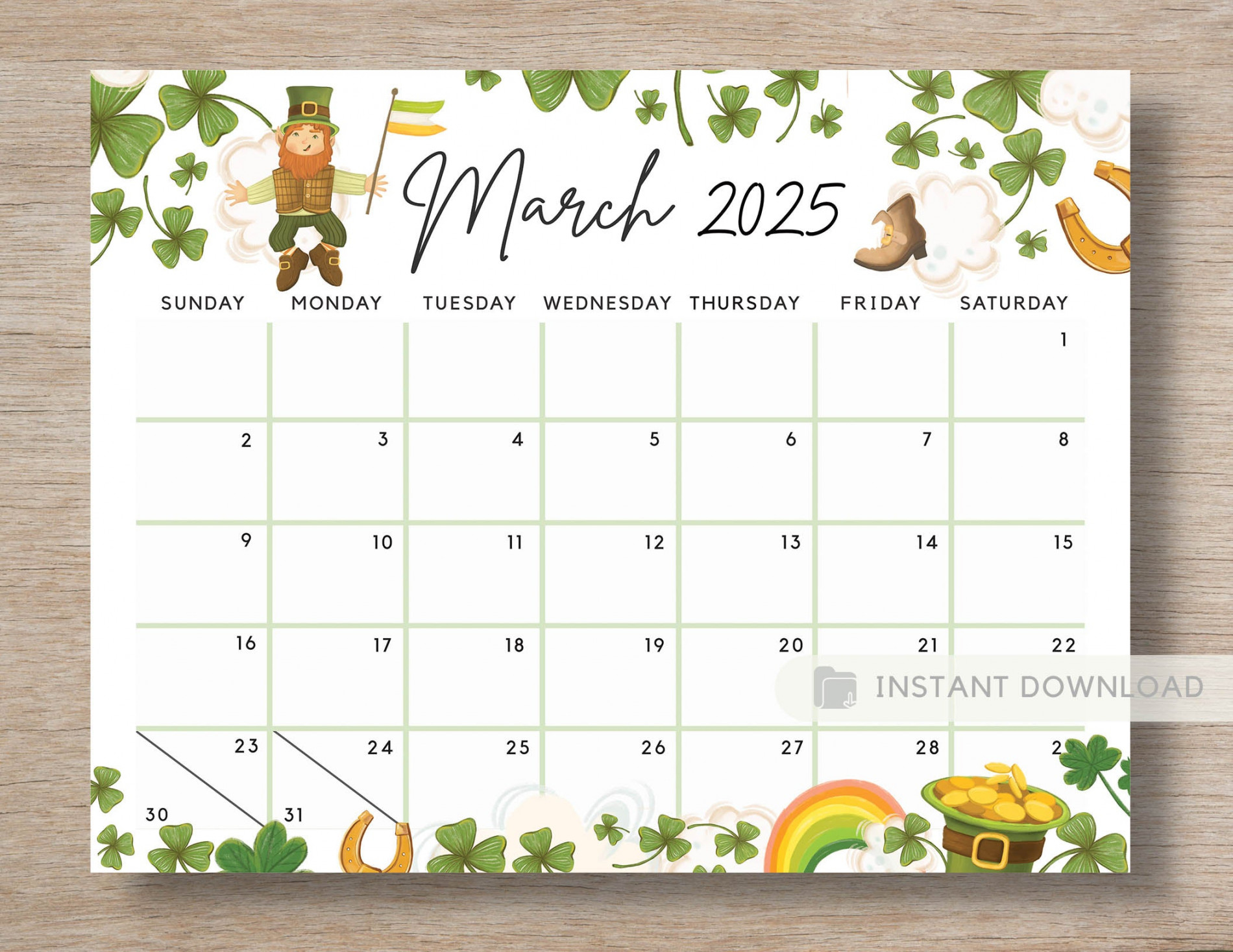 Editable March  Calendar for the Lucky Month Clovers Cute