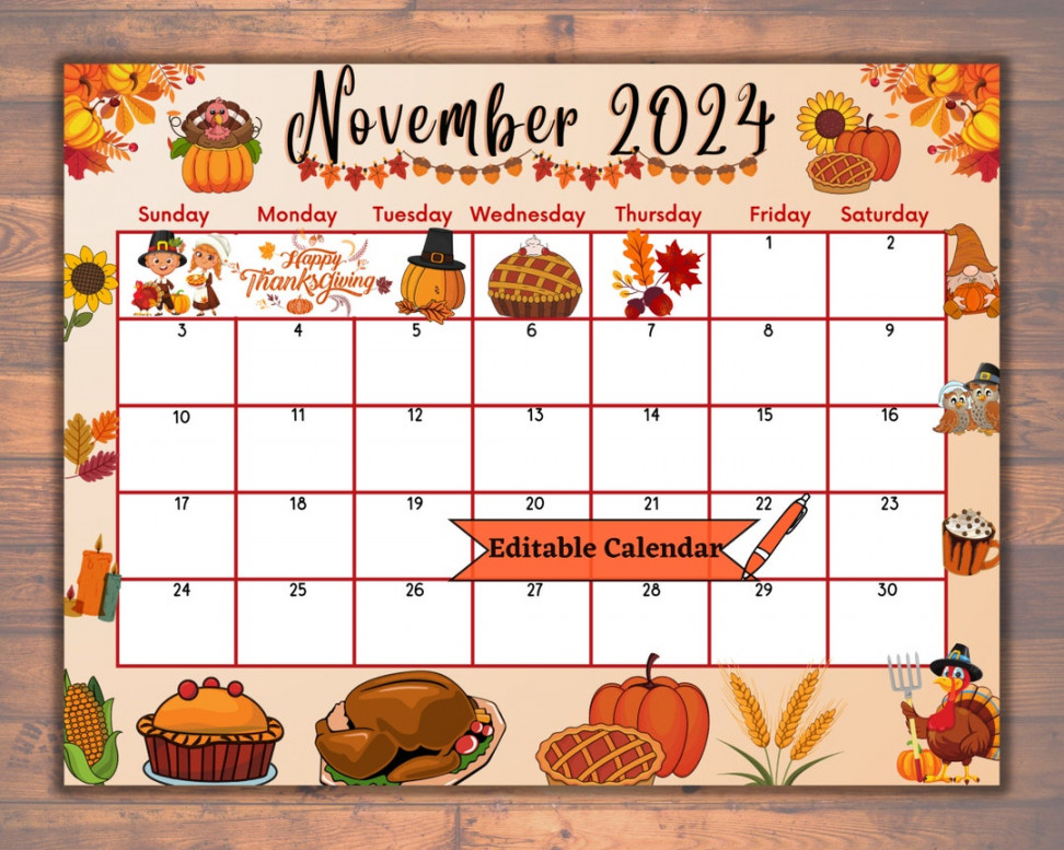 Editable November  Calendar, Fillable, Printable, Happy Thanksgiving  Planner, Lovely Food & Turkey, Autumn, Fall, One Month, Digital PDF - Etsy