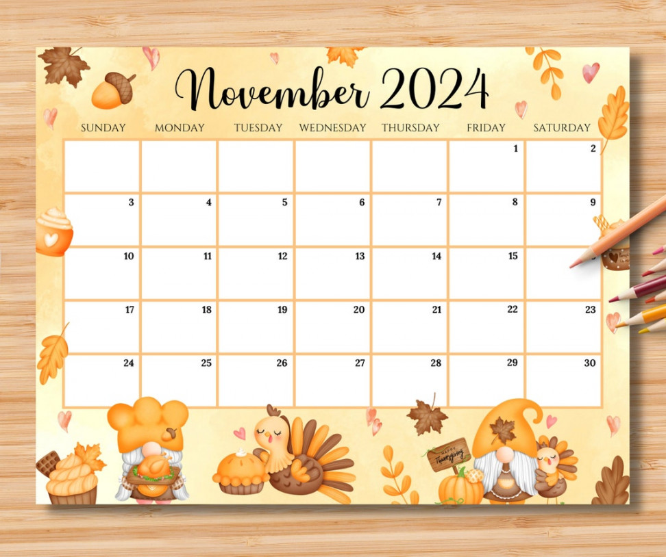 EDITABLE November  Calendar, Happy Thanksgiving With Cute Gnomes and  Turkey, Printable Monthly Calendar Planner, Instant Download - Etsy