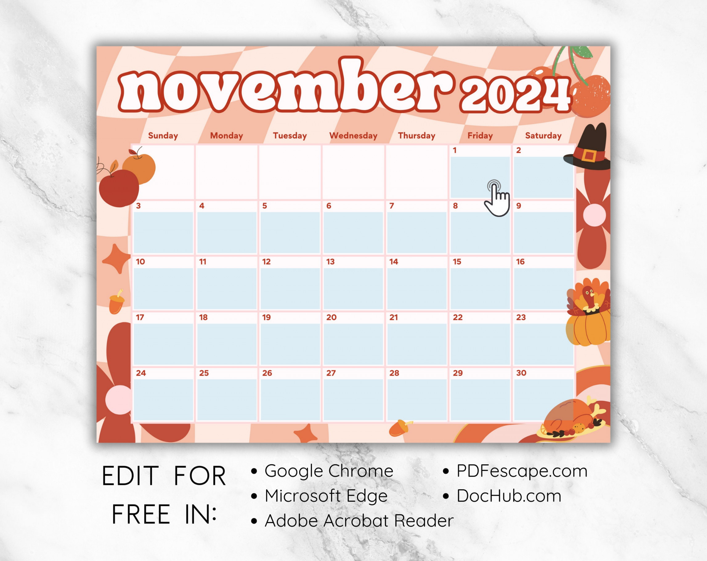 Editable November  Calendar Printable, Retro November