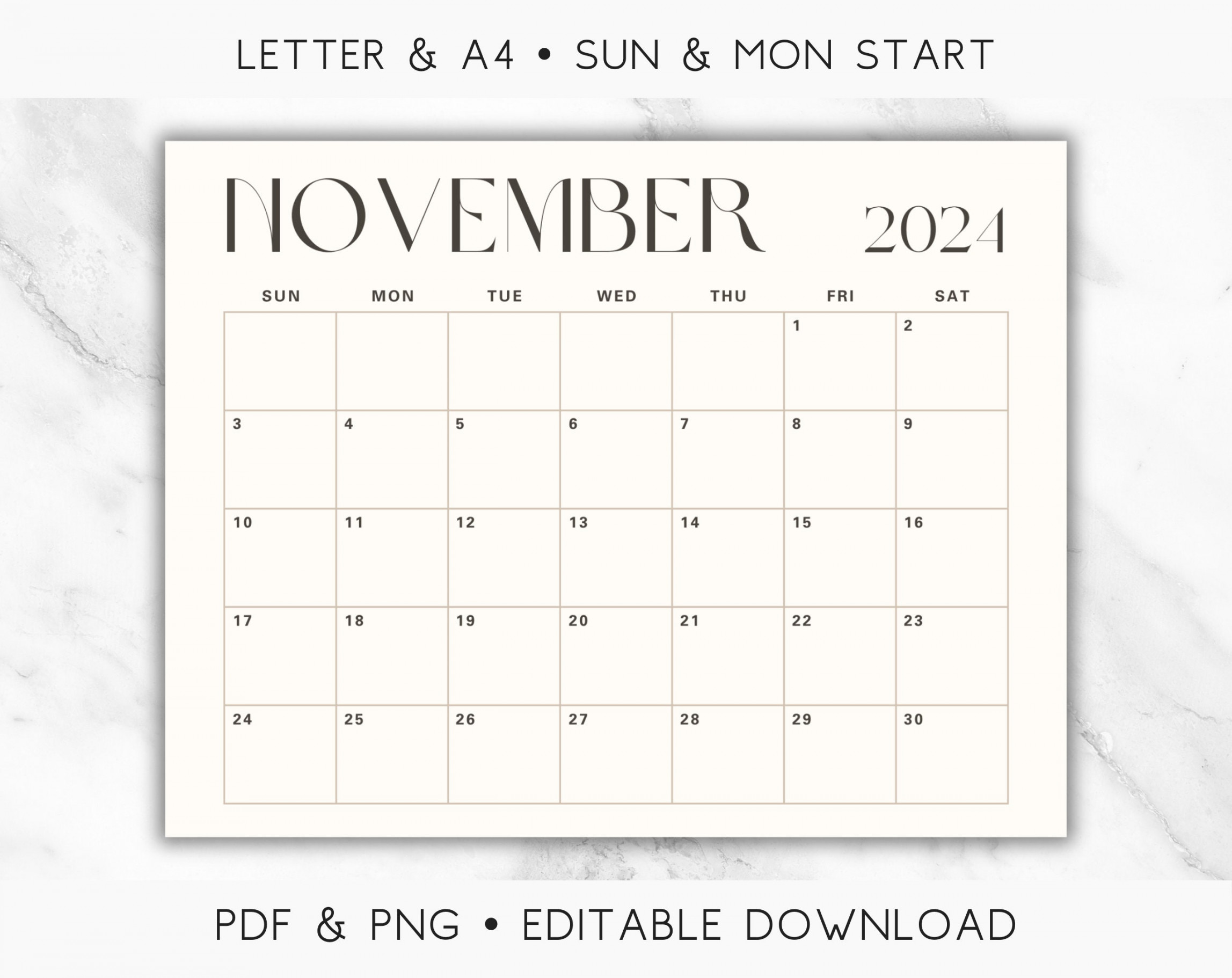 Editable November  Calendar Printable, Simple Modern November