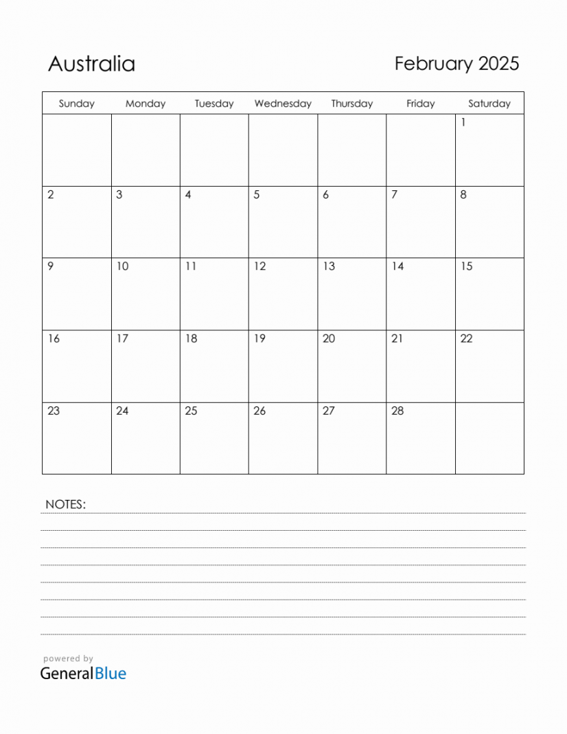 February  Australia Calendar with Holidays