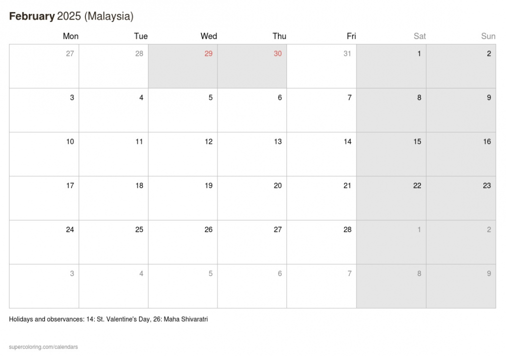 February  calendar - Malaysia