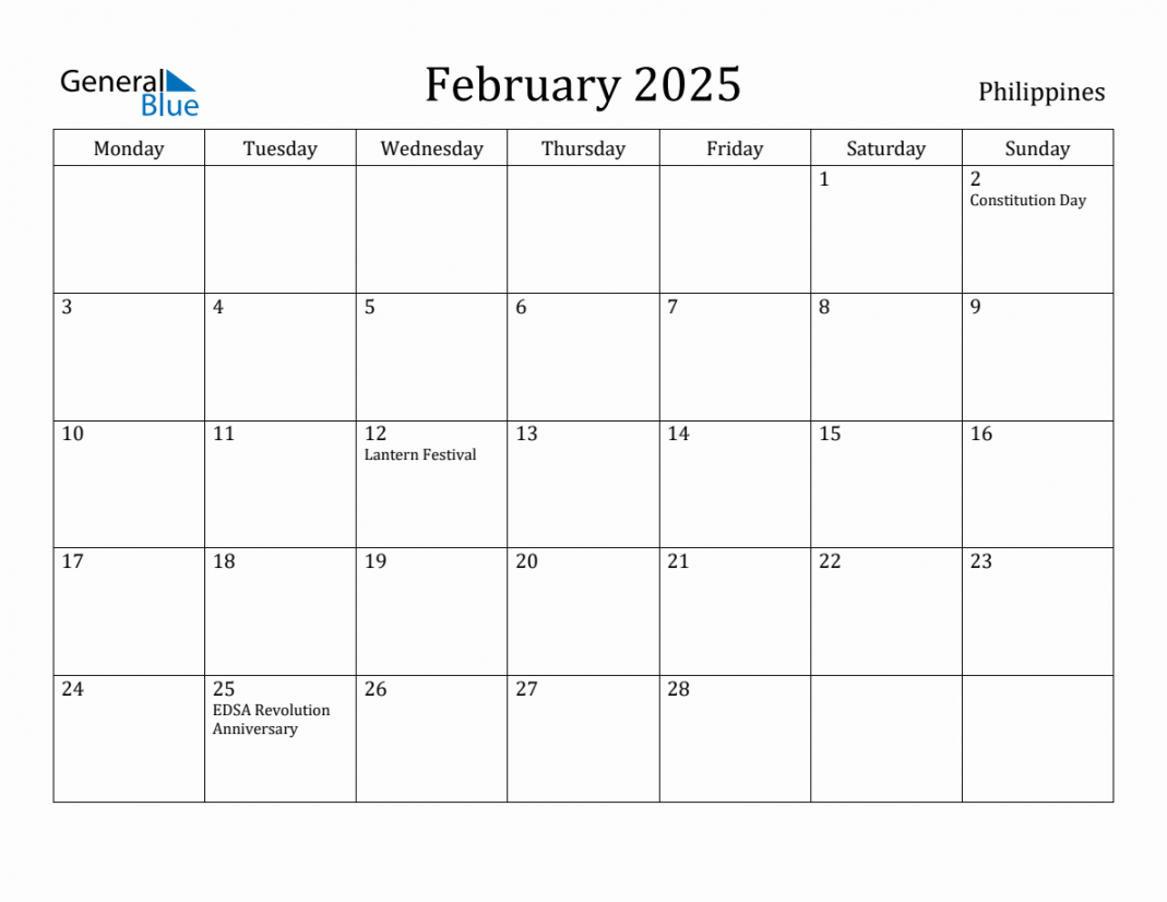 February  - Philippines Monthly Calendar with Holidays