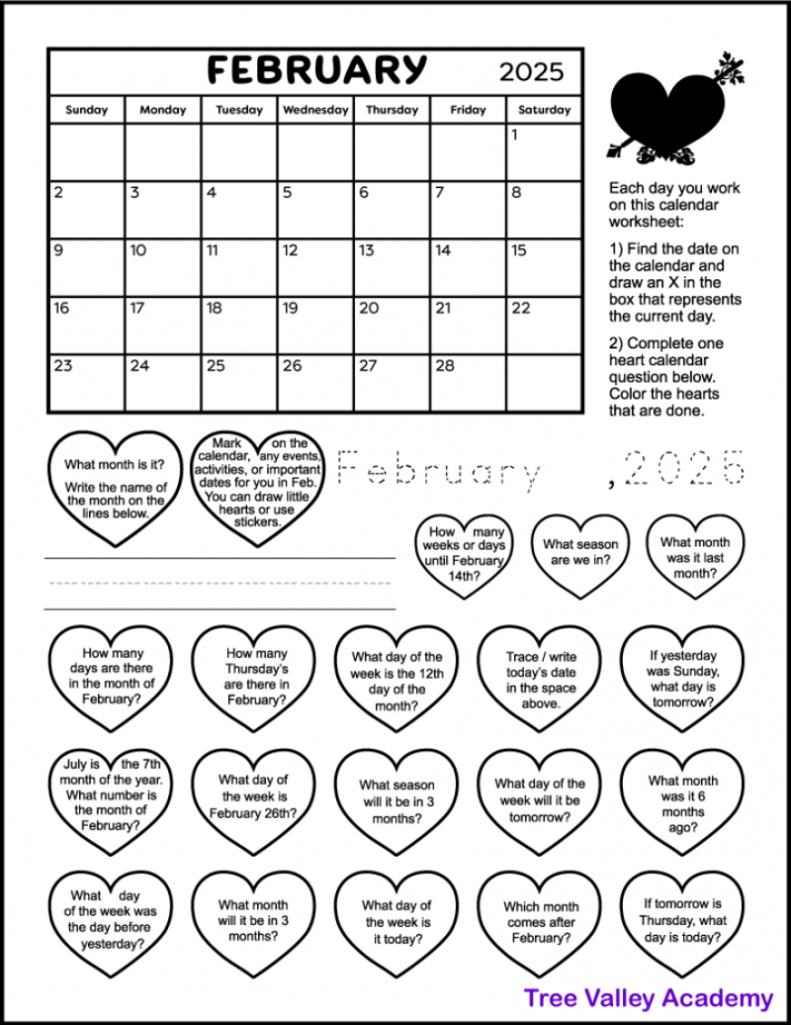 February  Printable Calendar Worksheet for Grade  &