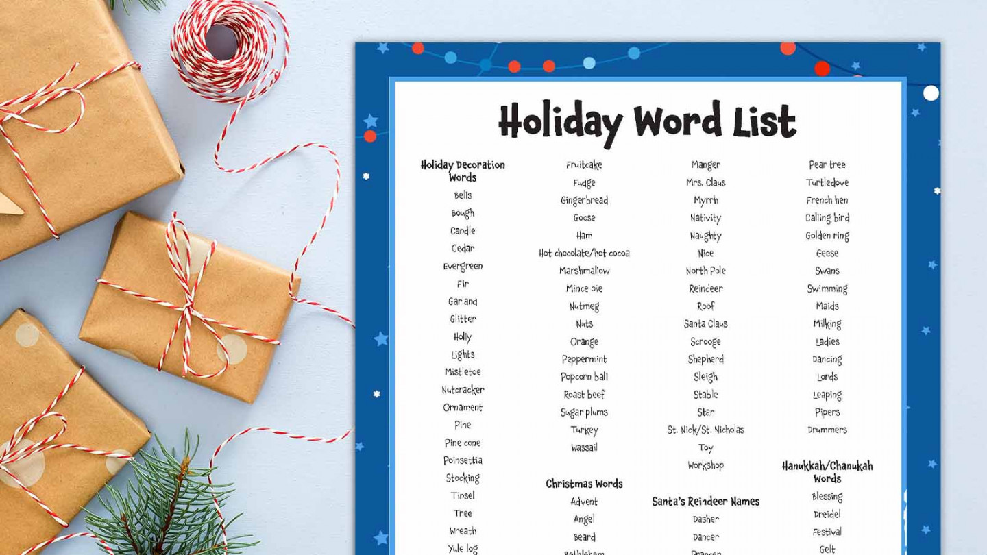 + Festive Holiday Words for Writing and More (Free Printable)