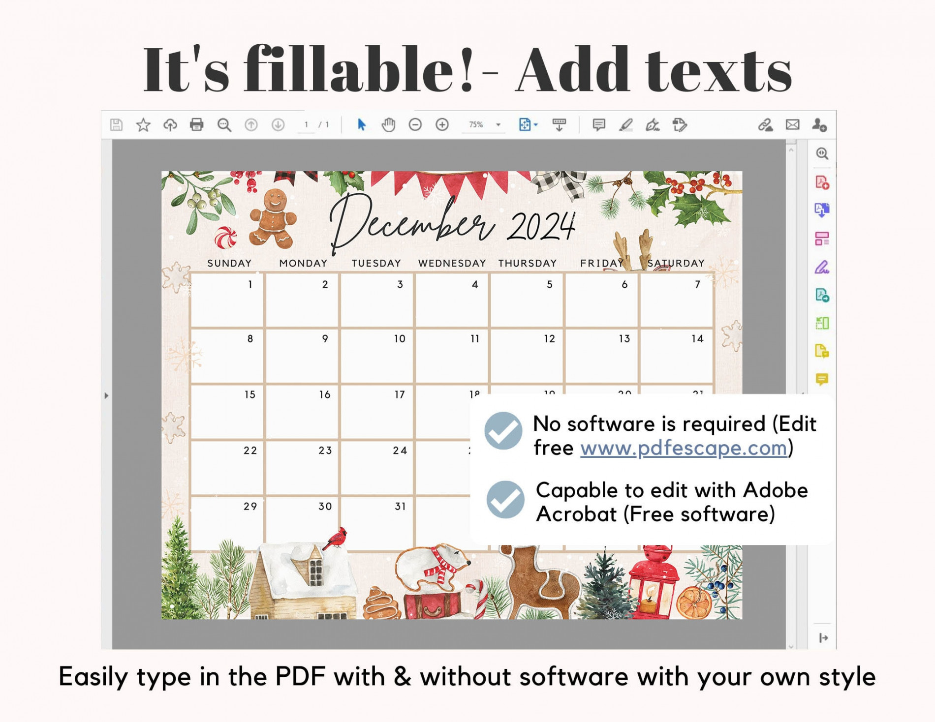 Fillable December  Calendar, Cute Festive Snowy Winter