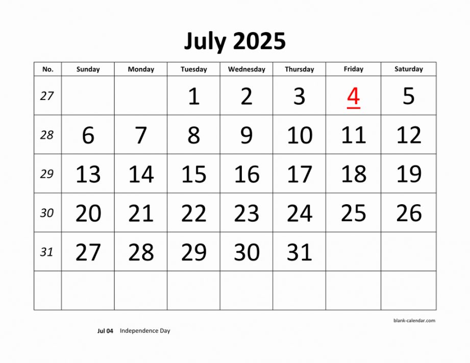 Free Download Printable July  Calendar, large font design