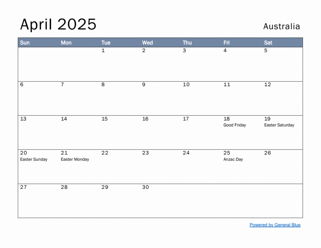 Free Monthly Calendar Template for April  with Australia Holidays