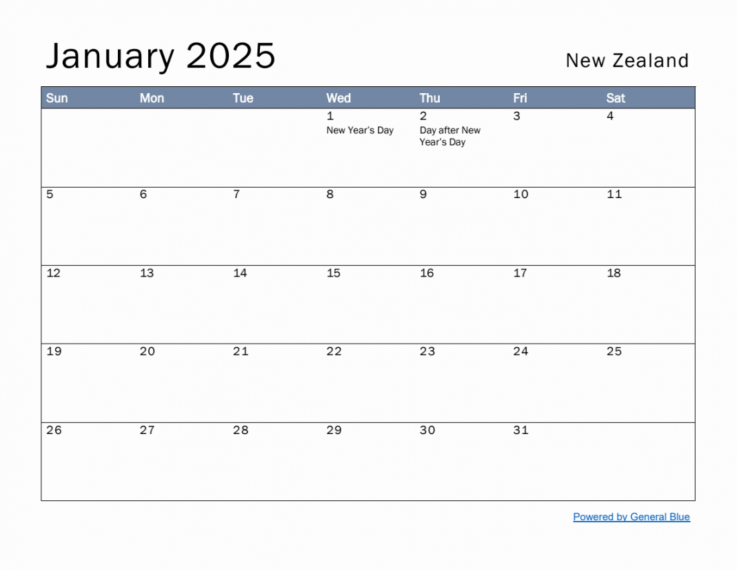 Free Monthly Calendar Template for January  with New Zealand