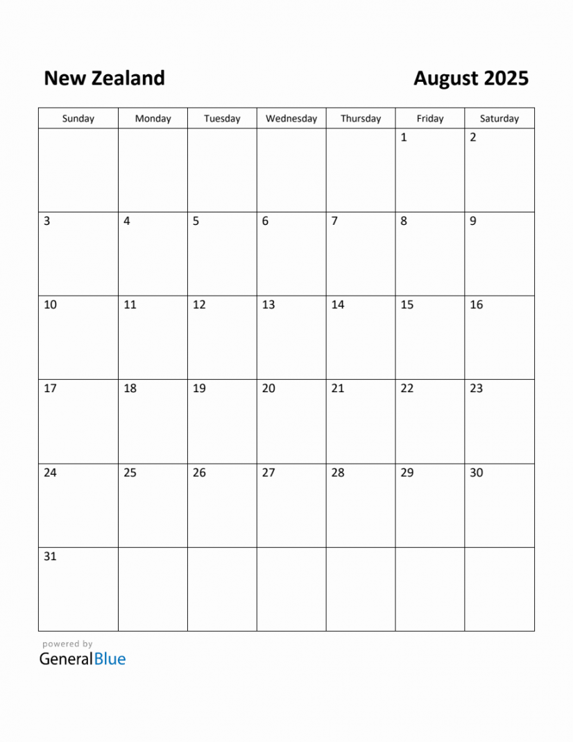 Free Printable August  Calendar for New Zealand