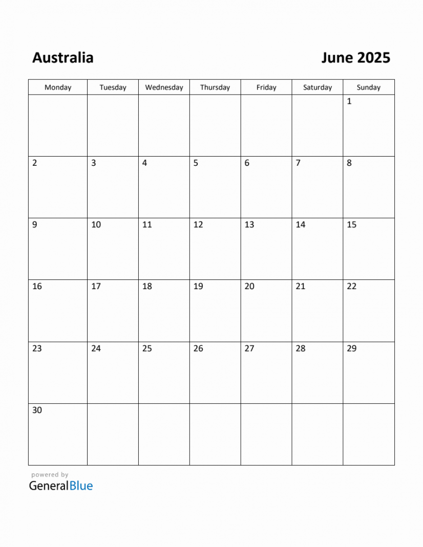 Free Printable June  Calendar for Australia