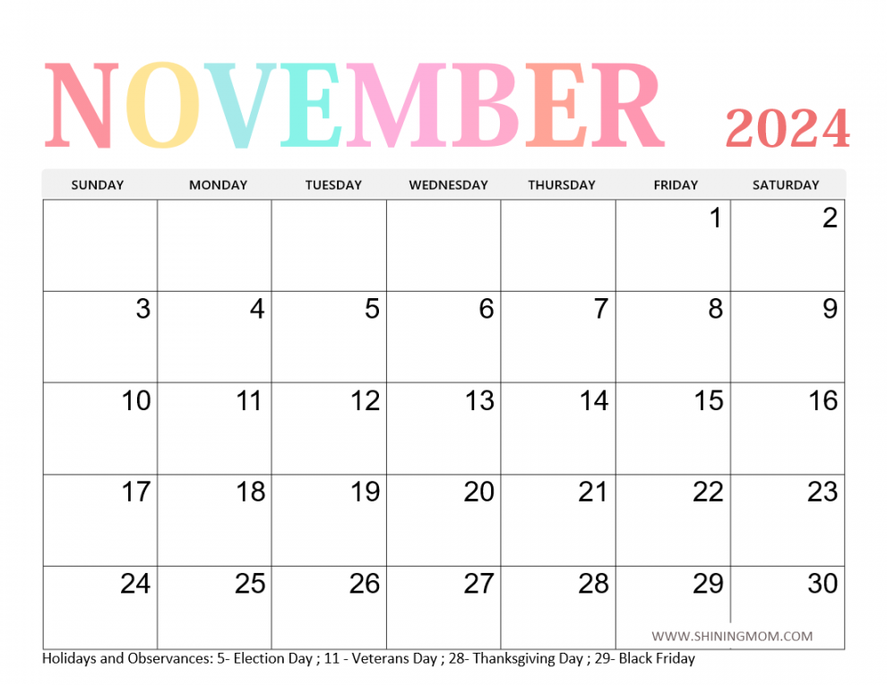 Free Printable November  Calendar with Holidays  Awesome Designs!