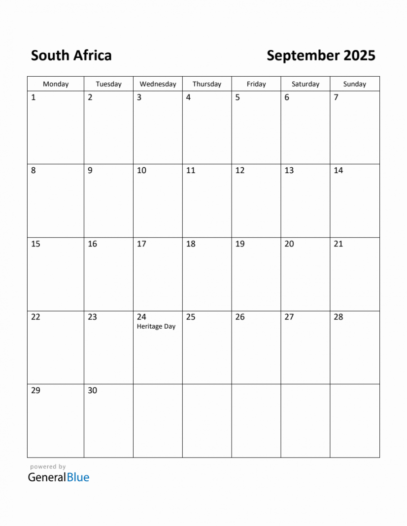 Free Printable September  Calendar for South Africa