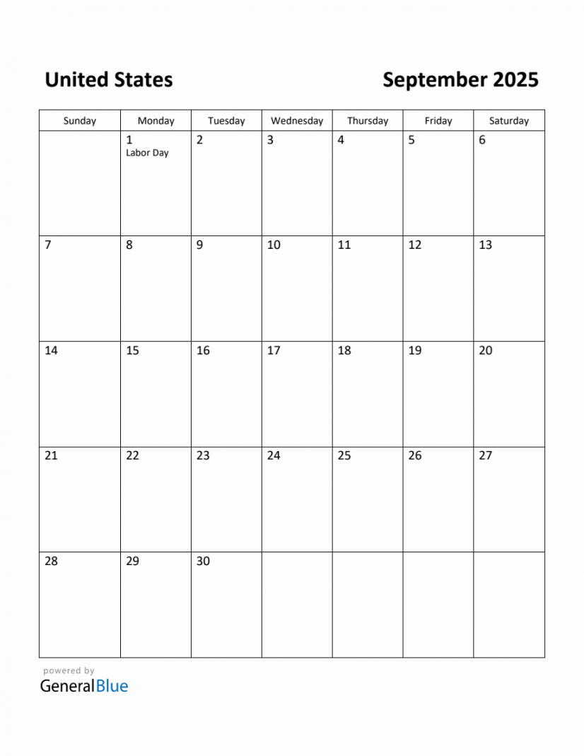 Free Printable September  Calendar for United States