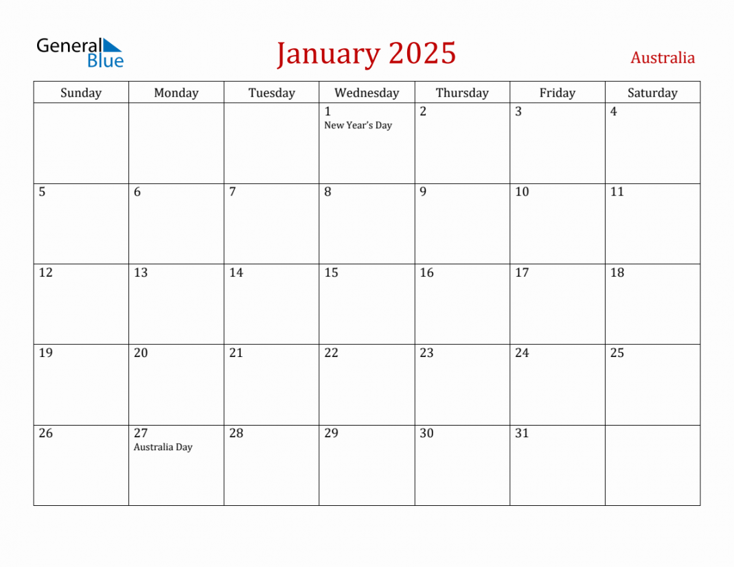 January  Australia Monthly Calendar with Holidays