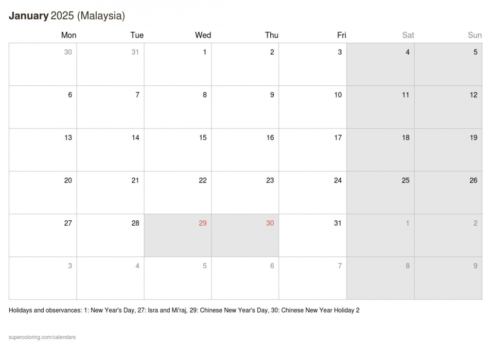 January  calendar - Malaysia