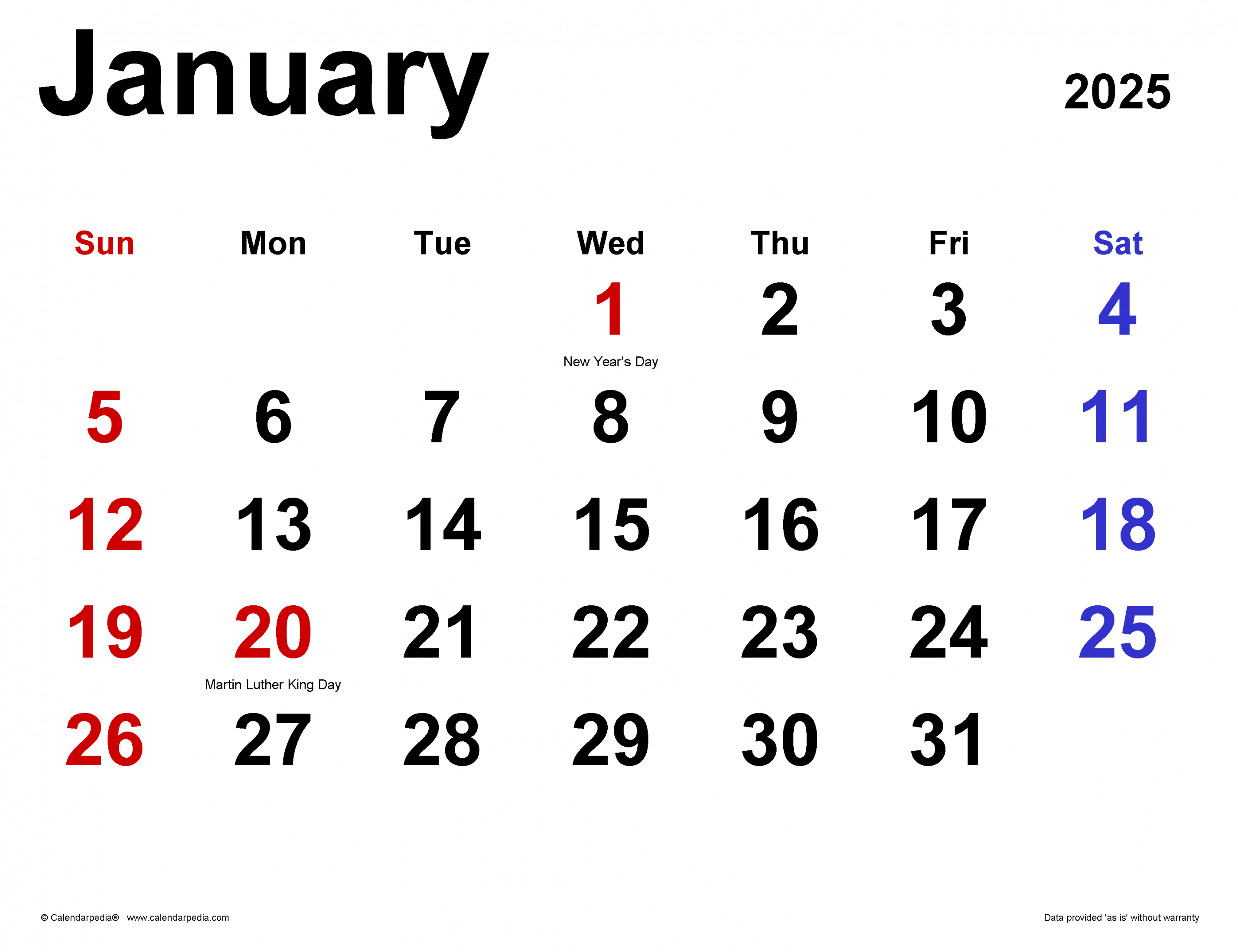 January  Calendar  Templates for Word, Excel and PDF