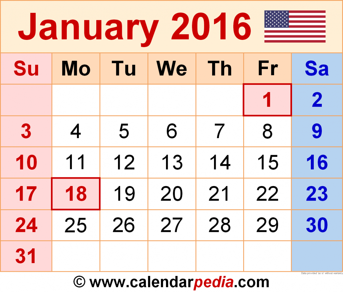 January  Calendar  Templates for Word, Excel and PDF