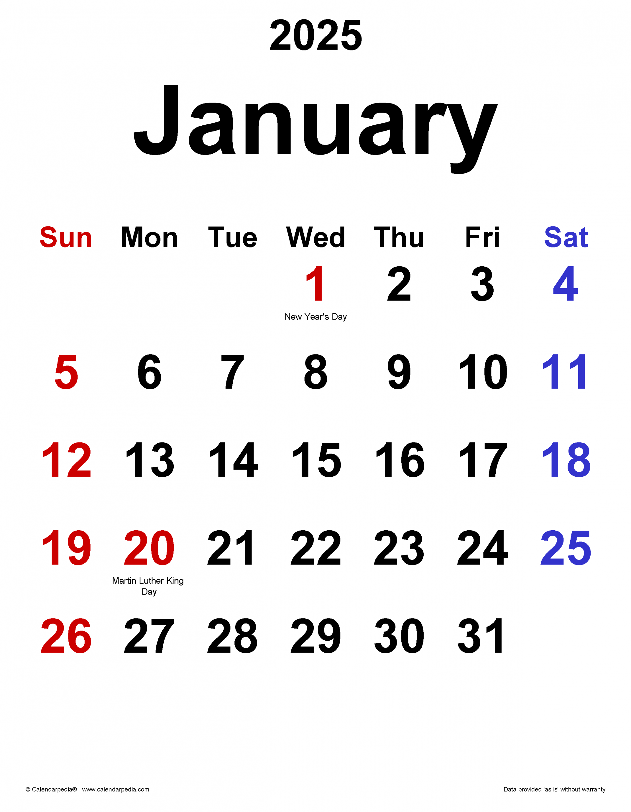 January  Calendar  Templates for Word, Excel and PDF