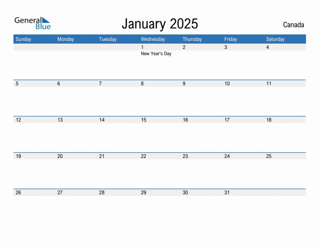 January  Monthly Calendar with Canada Holidays