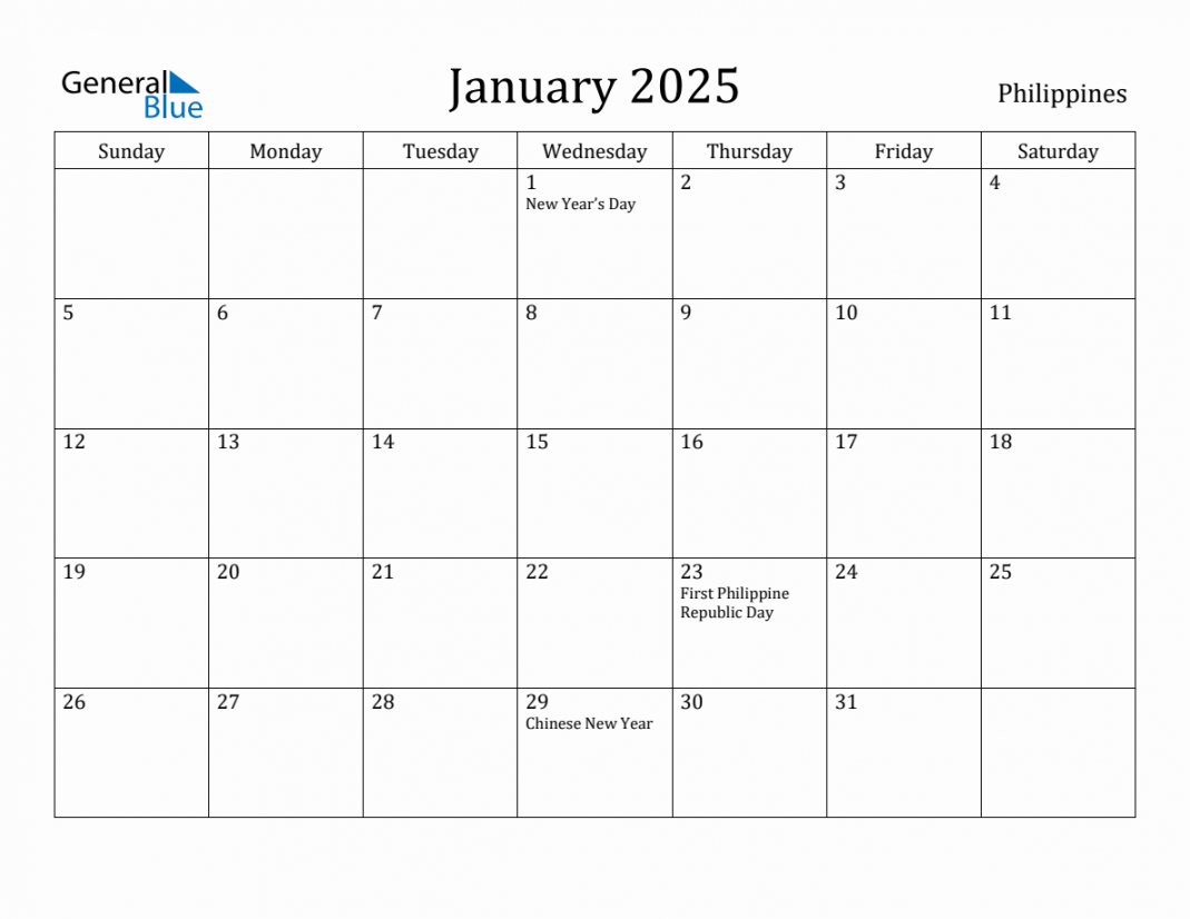 January  Monthly Calendar with Philippines Holidays