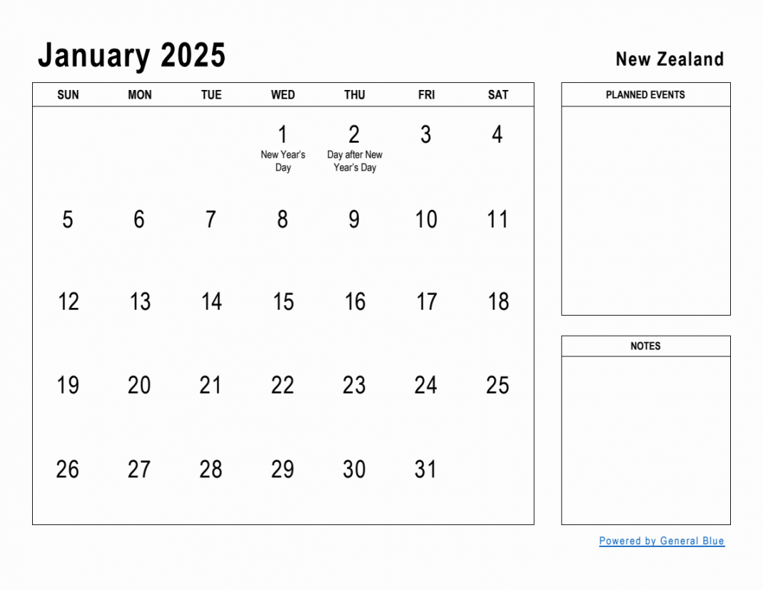 January  Planner with New Zealand Holidays