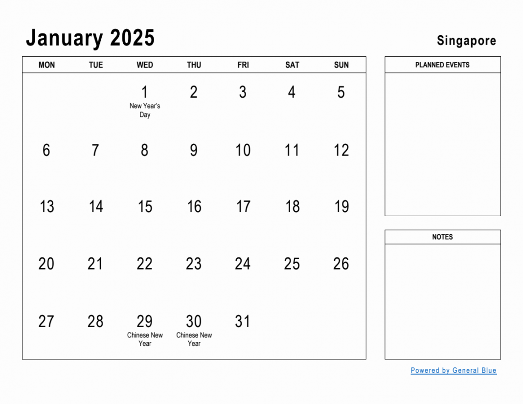 January  Planner with Singapore Holidays