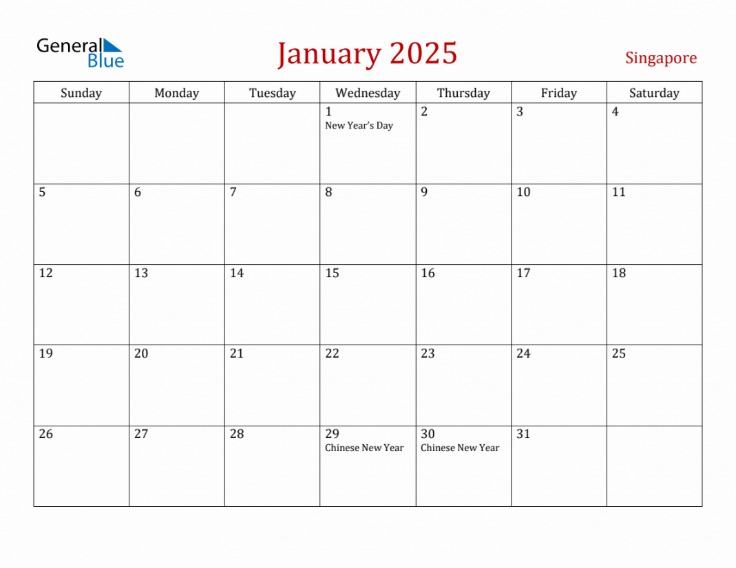 January  Singapore Monthly Calendar with Holidays