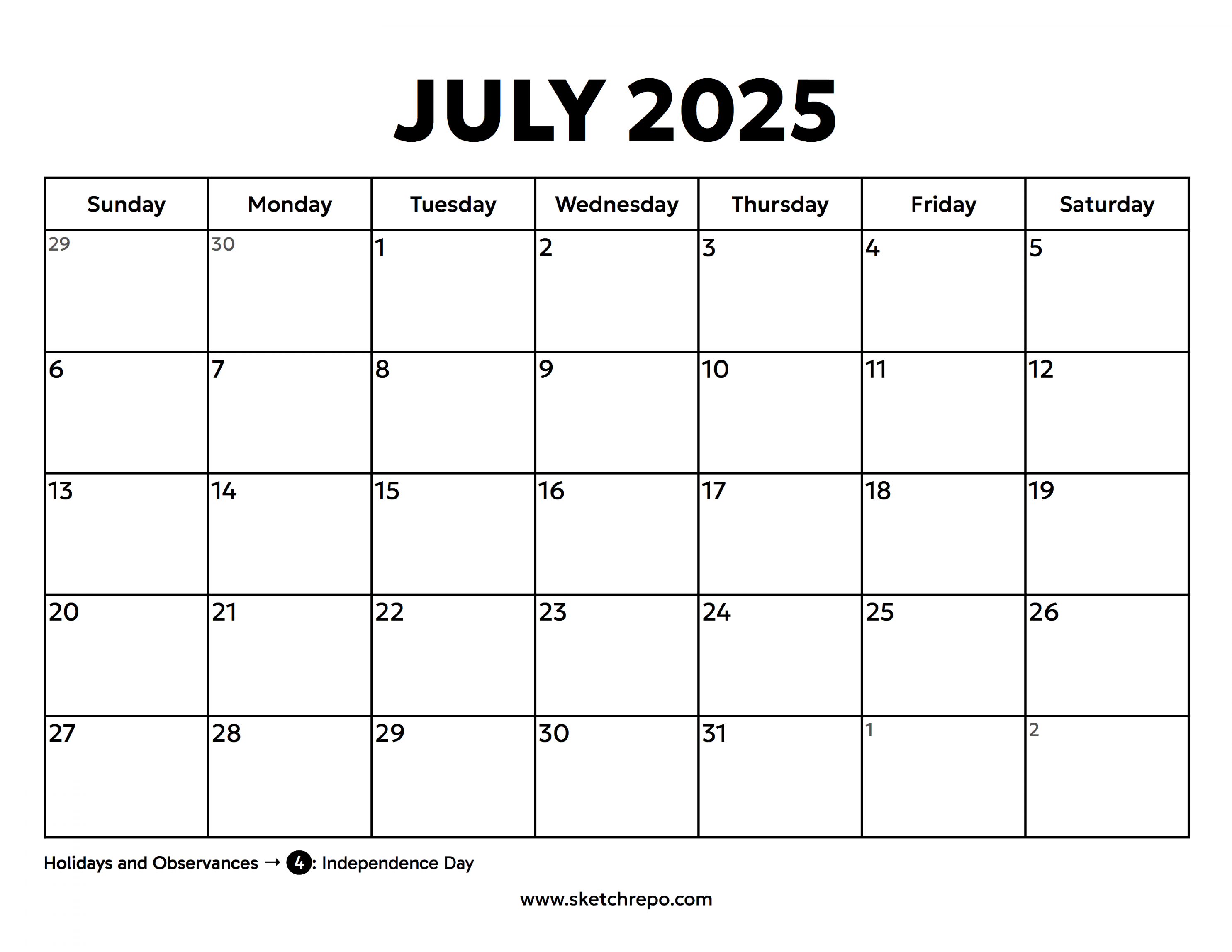 July  Calendar – Sketch Repo