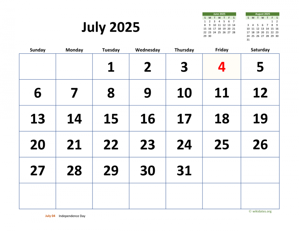 July  Calendar with Extra-large Dates  WikiDates