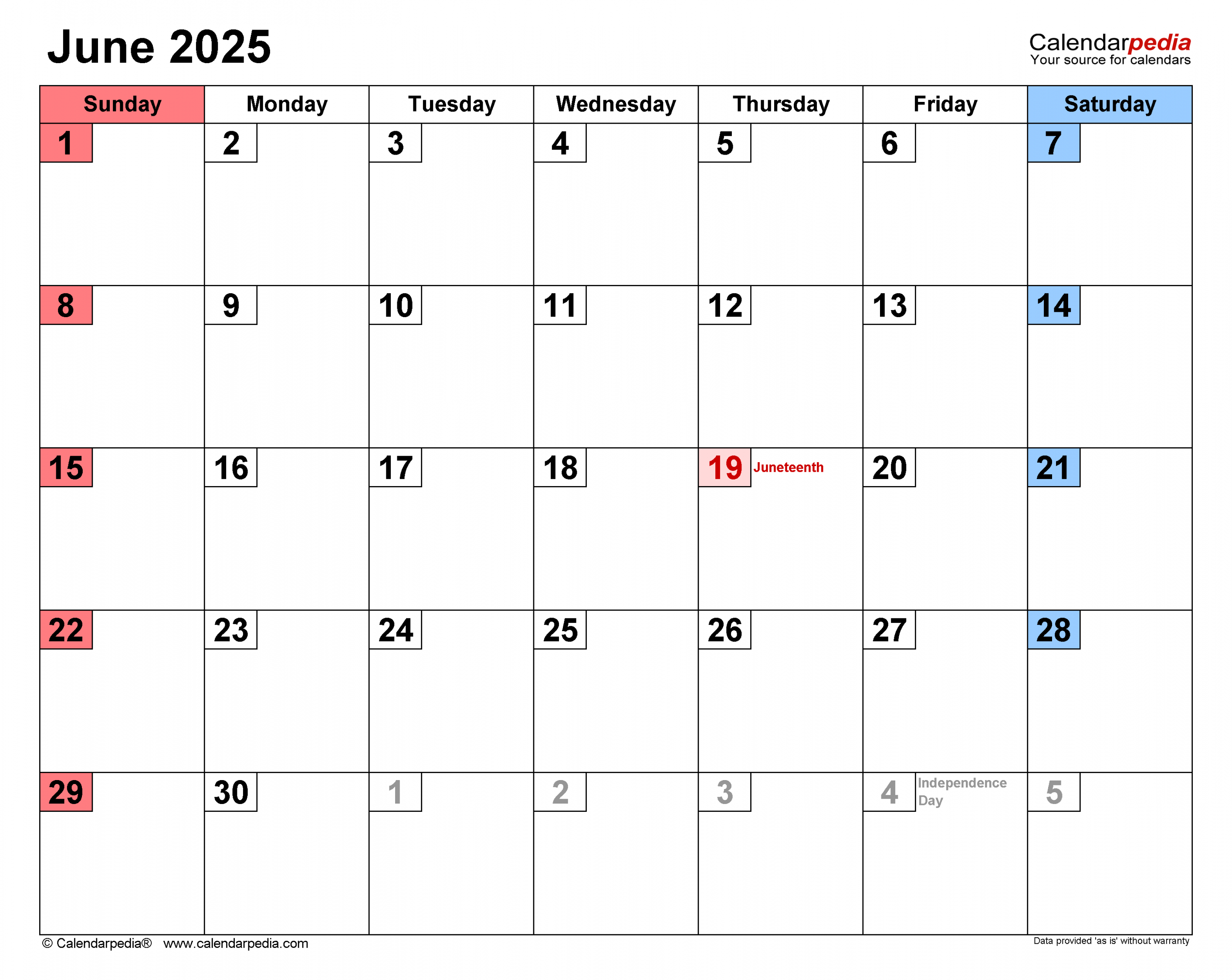 June  Calendar  Templates for Word, Excel and PDF