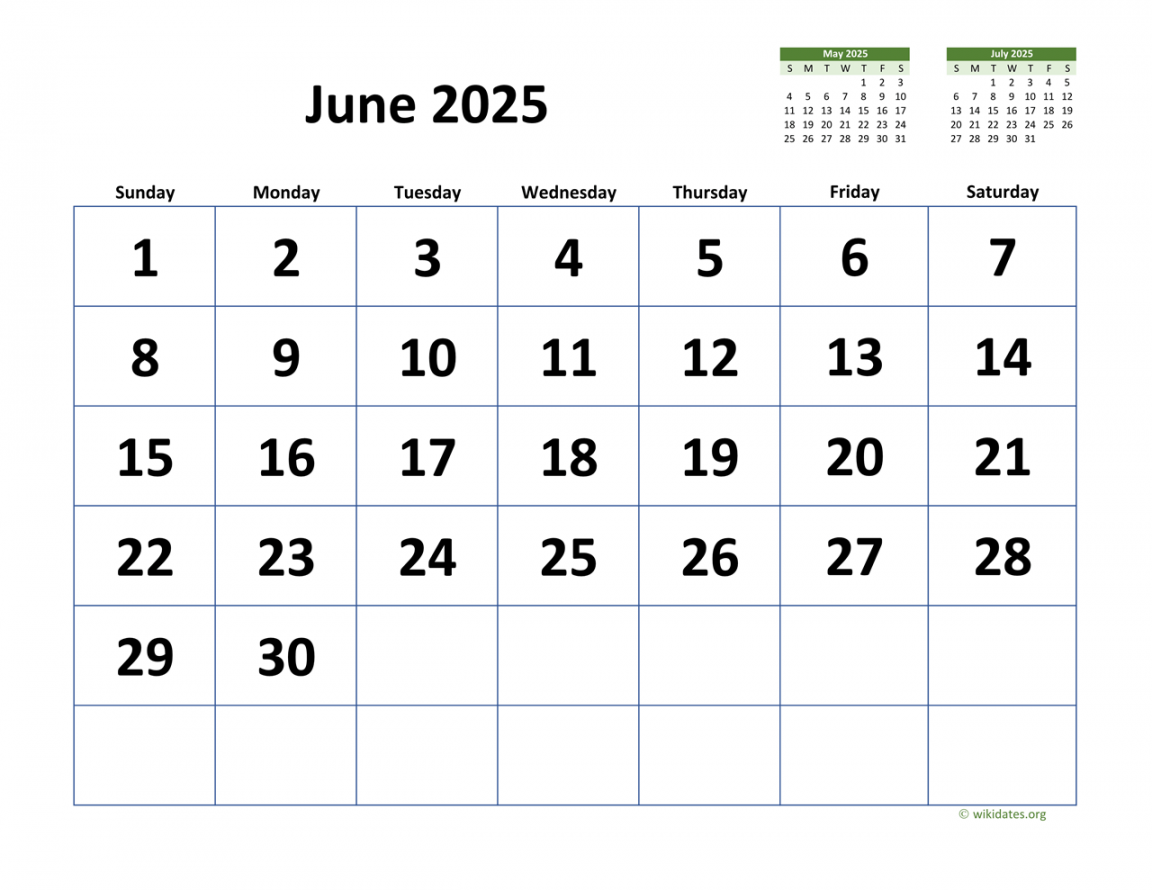 June  Calendar with Extra-large Dates  WikiDates