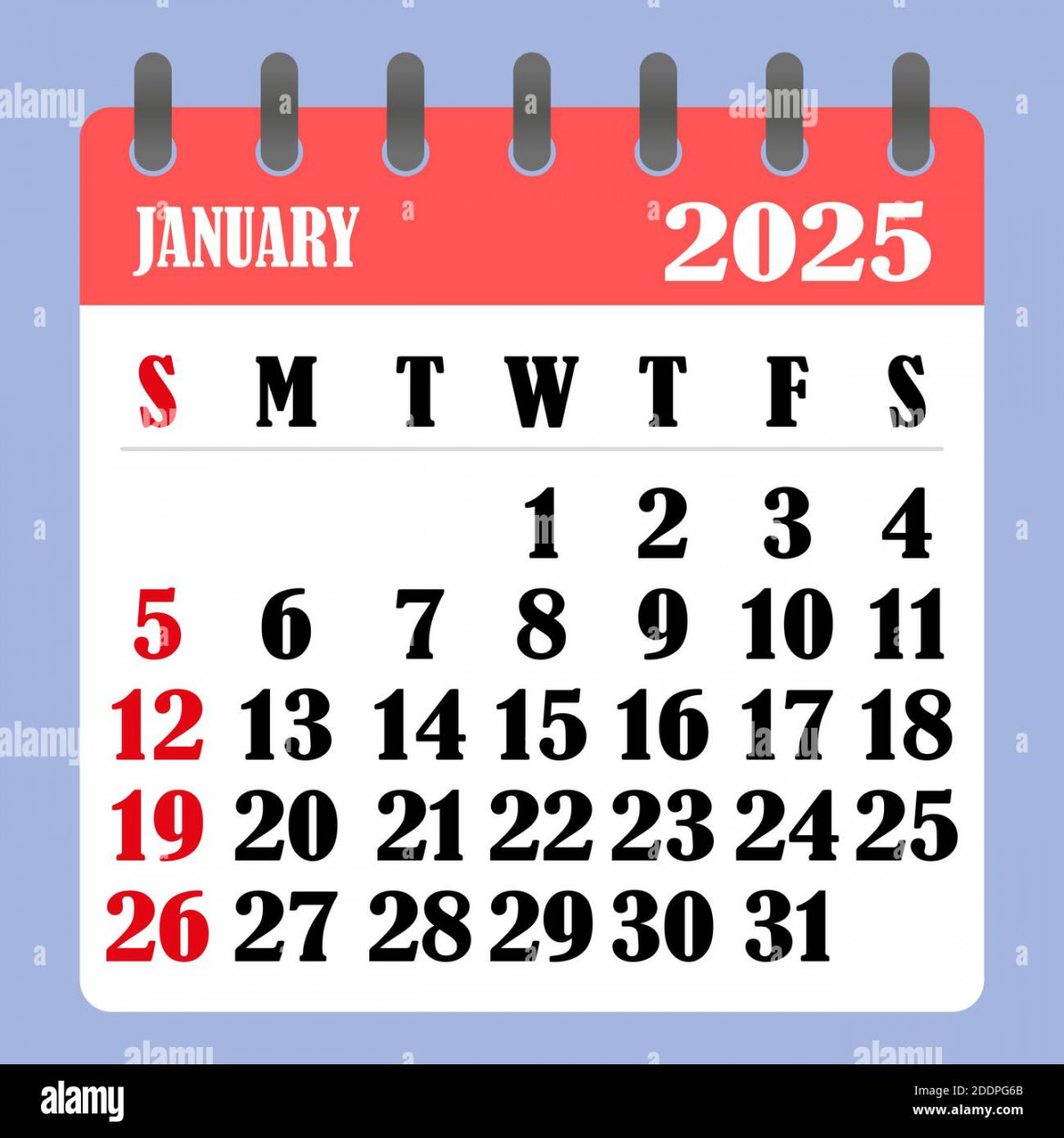 Letter calendar for January . The week begins on Sunday