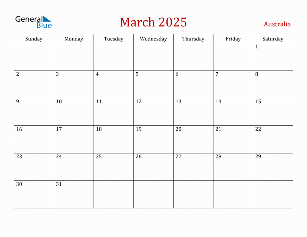 March  Australia Monthly Calendar with Holidays