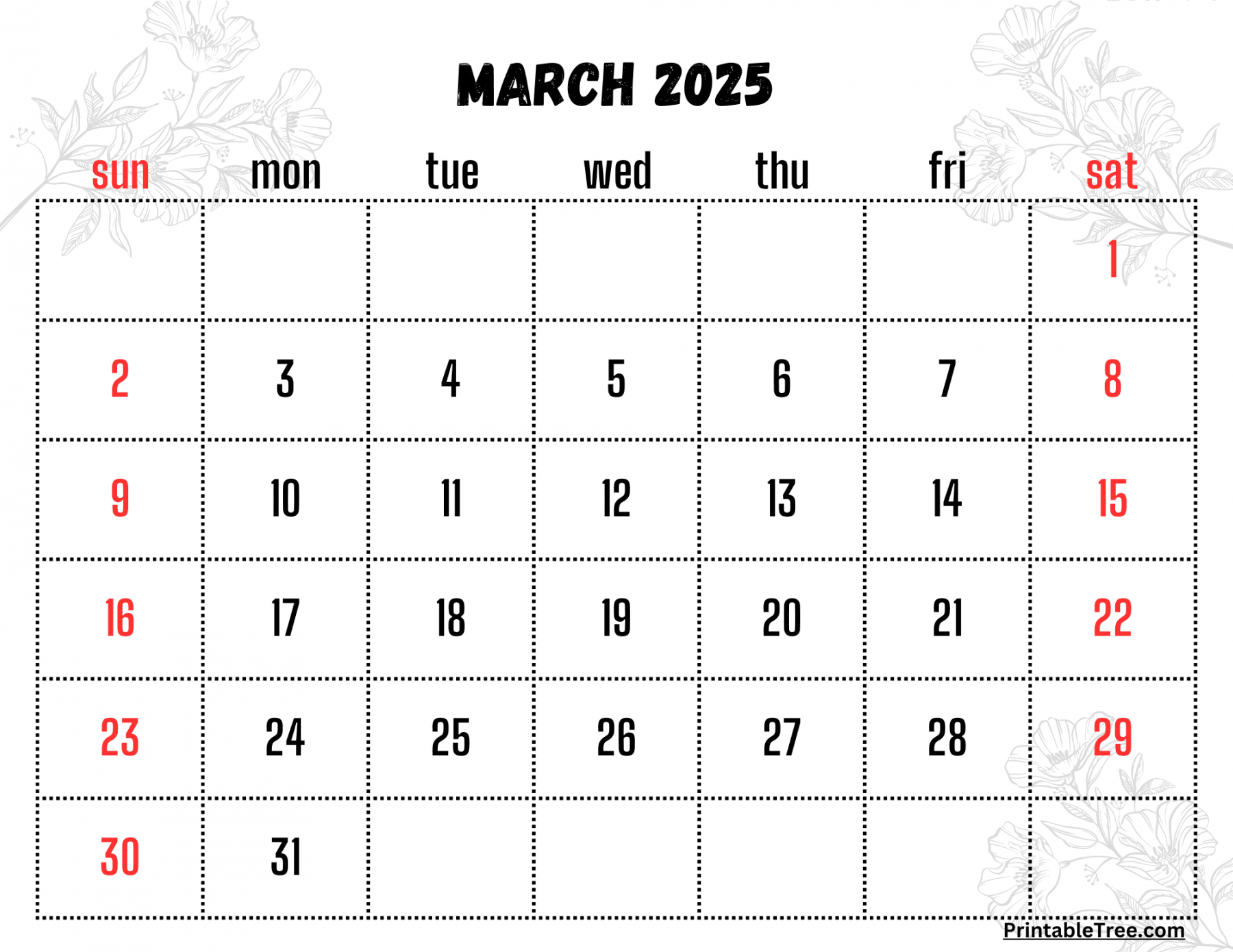 March  Calendar Printable PDF Template with Holidays