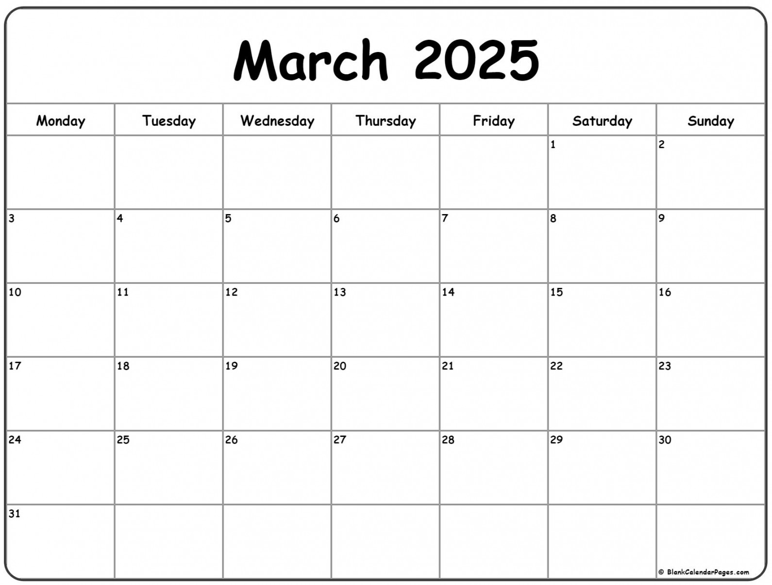 March  Monday Calendar  Monday to Sunday