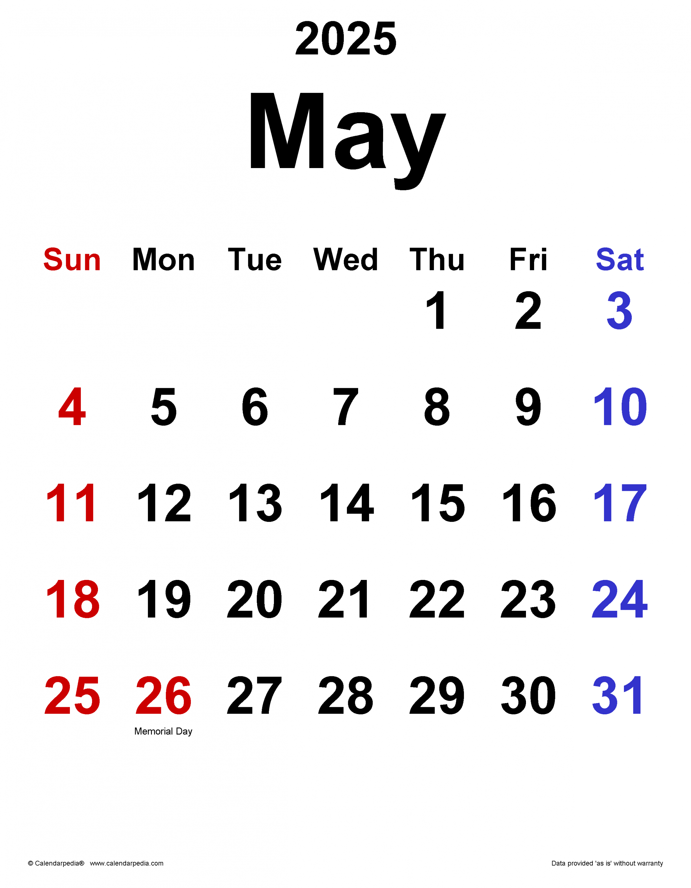 May  Calendar  Templates for Word, Excel and PDF