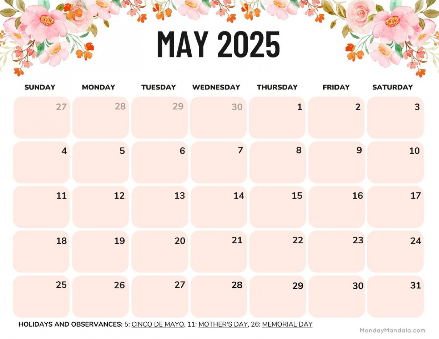 May  Calendars ( Free PDF Printables) – mondaymandala