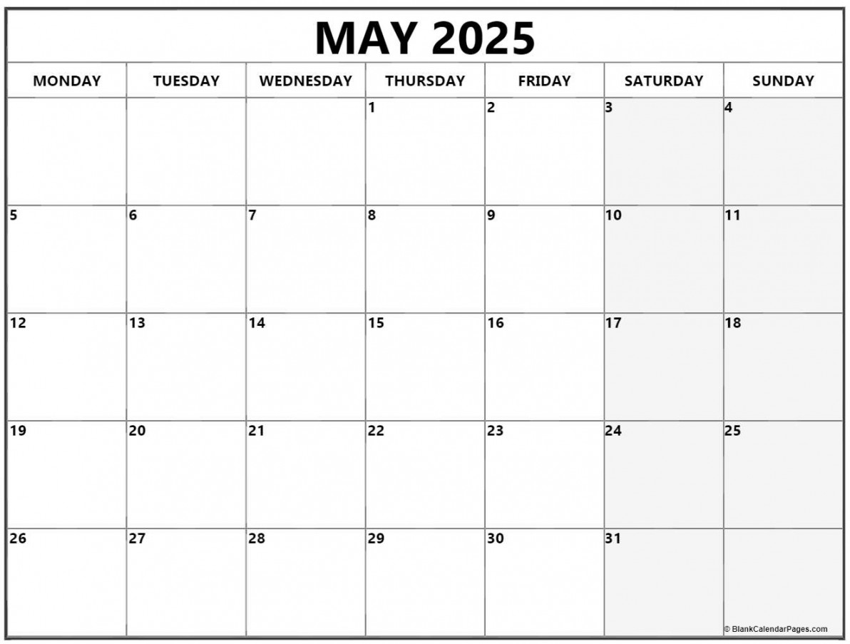 May  Monday Calendar  Monday to Sunday