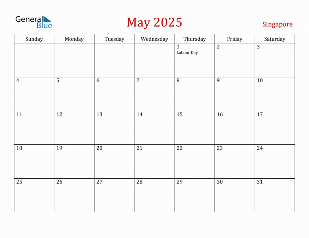 May  Singapore Monthly Calendar with Holidays