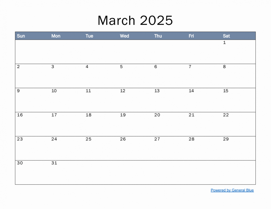 Monthly Calendar Template for March