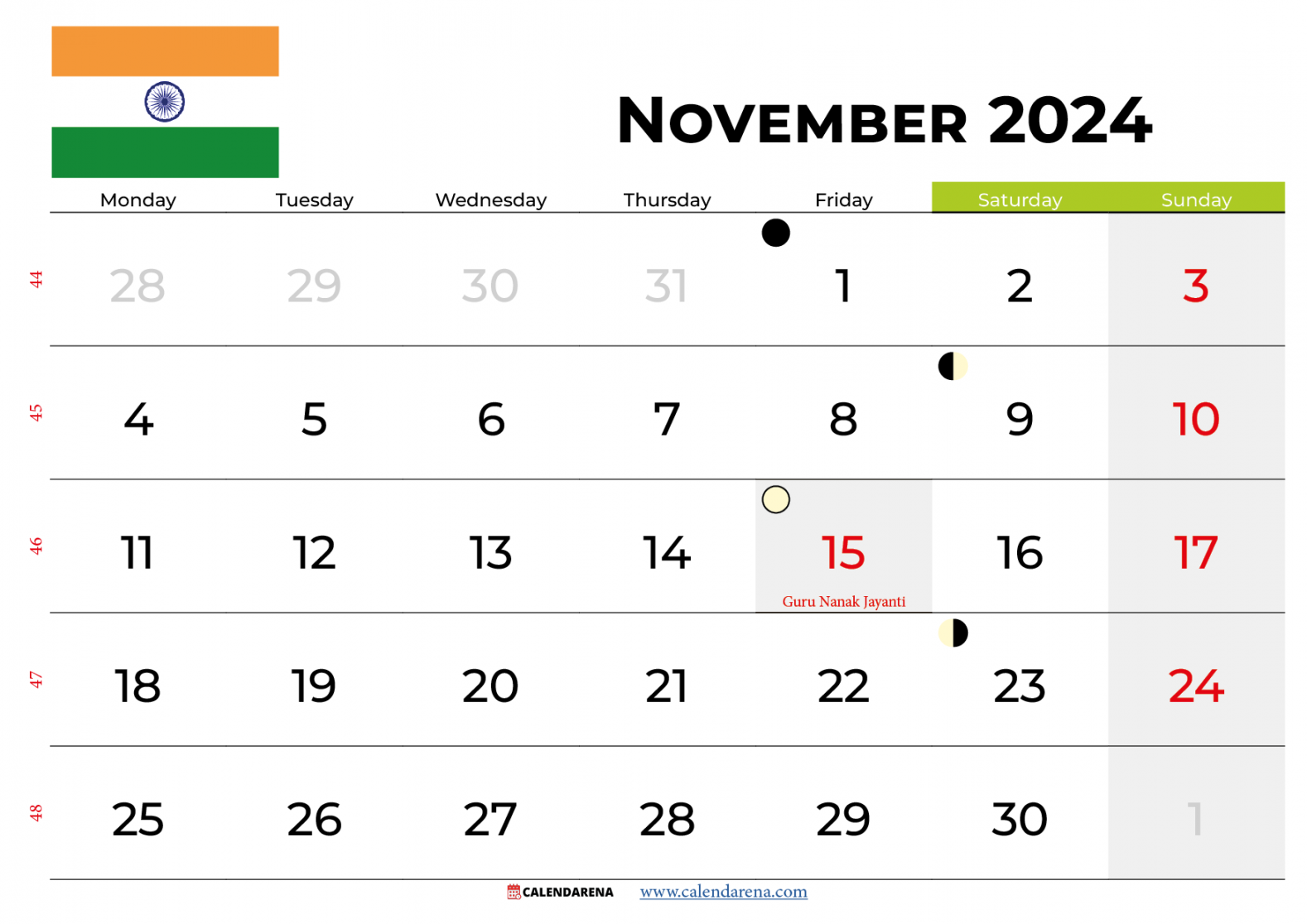 November  Calendar India