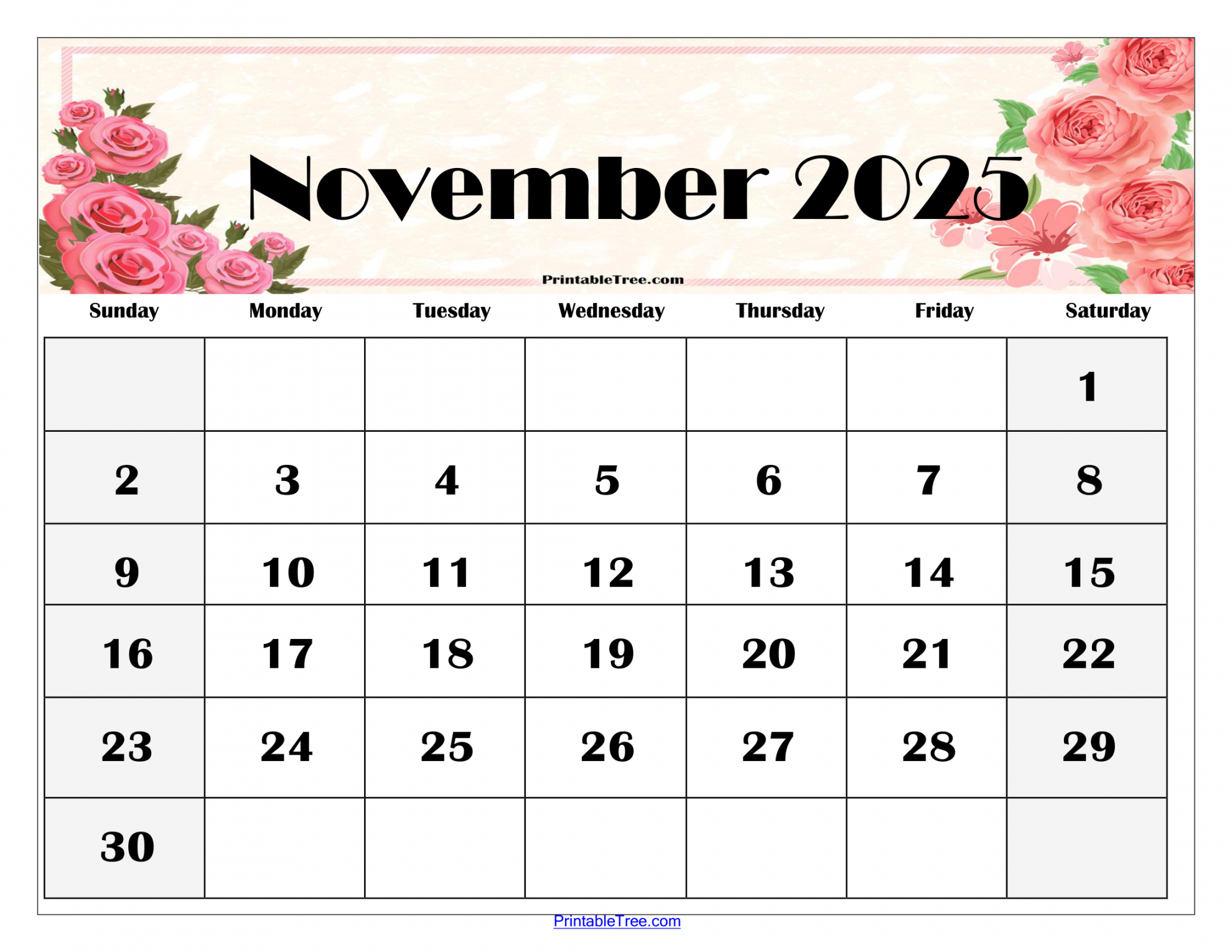 November  Calendar Printable PDF Template with Holidays